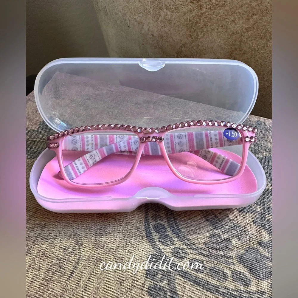 NWT Pretty Pink Crystal Reading Glasses Strength 1.50 With Matching Case